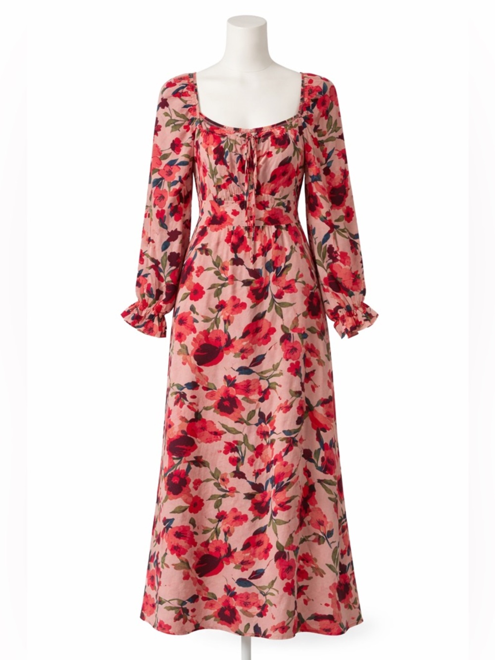 Floral Scoop-Neck Maxi Dress Puff Sleeves in Pink and Red Floral Size XL Boho